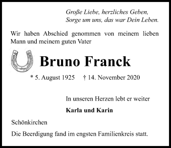 Traueranzeige von Bruno Franck von Kieler Nachrichten