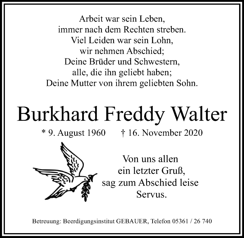  Traueranzeige für Burkhard Freddy Walter vom 28.11.2020 aus Aller Zeitung