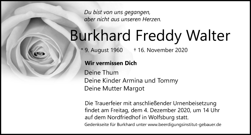  Traueranzeige für Burkhard Freddy Walter vom 21.11.2020 aus Aller Zeitung