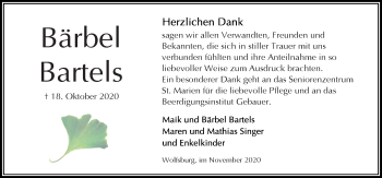 Traueranzeige von Bärbel Bartels von Aller Zeitung