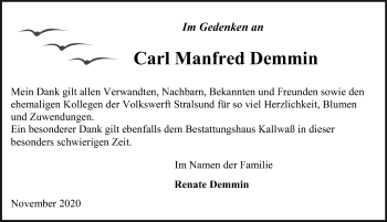 Traueranzeige von Carl Manfred Demmin von Ostsee-Zeitung GmbH