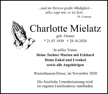 Traueranzeige von Charlotte Mielatz