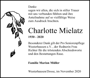 Traueranzeige von Charlotte Mielatz