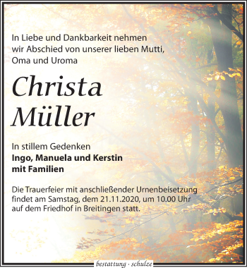 Traueranzeige von Christa Müller von Leipziger Volkszeitung