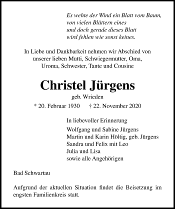 Traueranzeige von Christel Jürgens von Lübecker Nachrichten