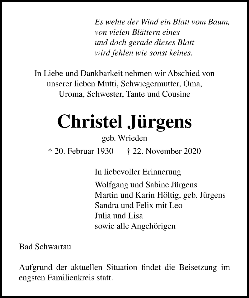  Traueranzeige für Christel Jürgens vom 29.11.2020 aus Lübecker Nachrichten