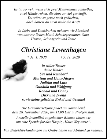 Traueranzeige von Christiane Lewenhagen von Märkischen Allgemeine Zeitung