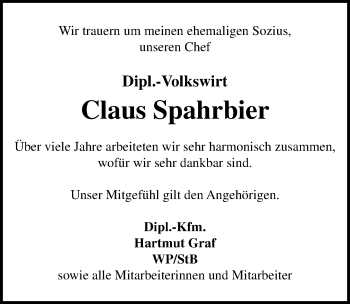 Traueranzeige von Claus Spahrbier von Lübecker Nachrichten