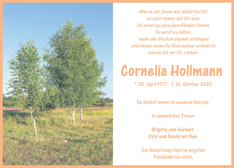  Traueranzeige für Cornelia Hollmann vom 07.11.2020 aus Ostsee-Zeitung GmbH