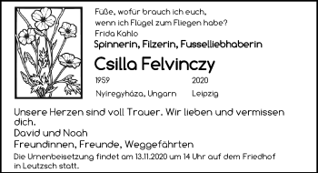 Traueranzeige von Csilla Felvinczy von Leipziger Volkszeitung