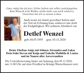 Traueranzeige von Detlef Wenzel von Märkischen Allgemeine Zeitung