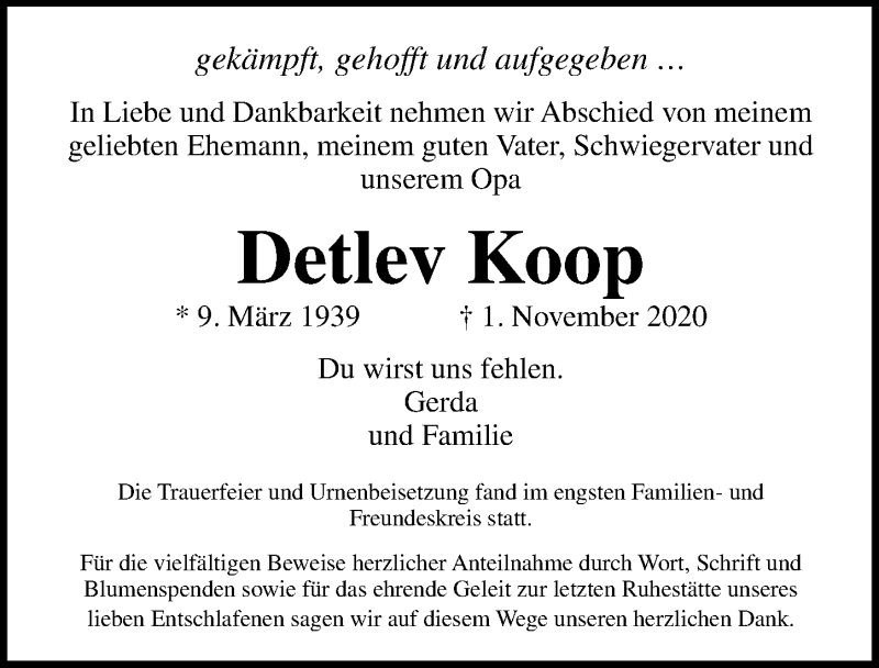  Traueranzeige für Detlev Koop vom 22.11.2020 aus Lübecker Nachrichten