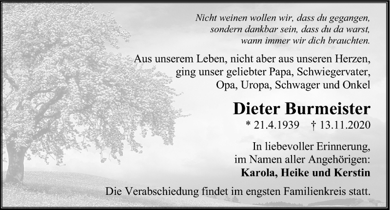  Traueranzeige für Dieter Burmeister vom 21.11.2020 aus Ostsee-Zeitung GmbH