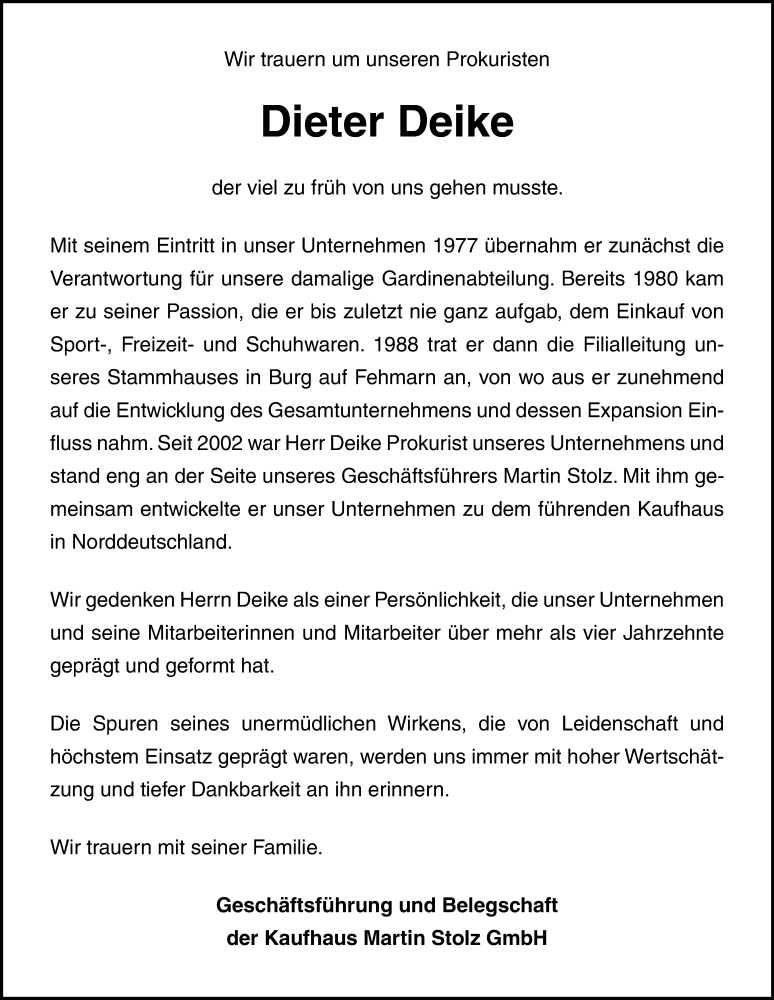  Traueranzeige für Dieter Deike vom 21.11.2020 aus Ostsee-Zeitung GmbH