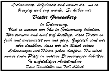 Traueranzeige von Dieter Grunenberg von Lübecker Nachrichten