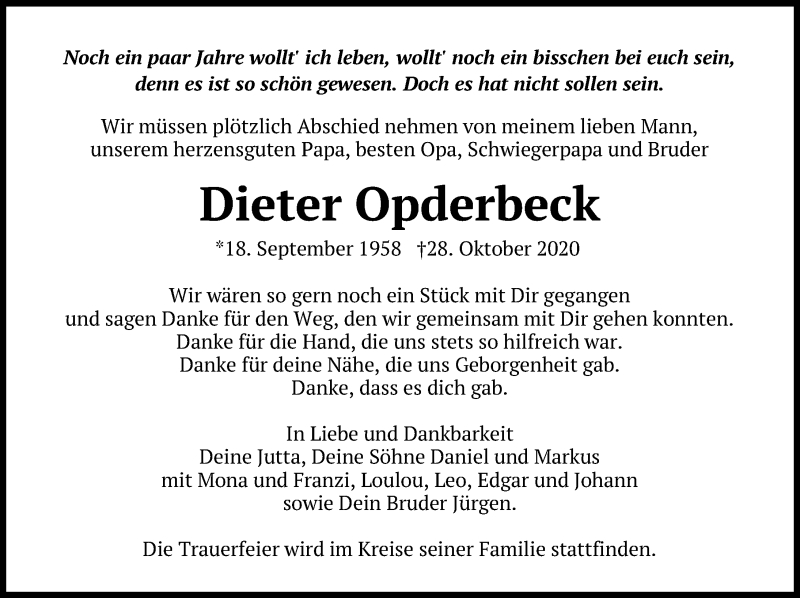  Traueranzeige für Dieter Opderbeck vom 07.11.2020 aus Märkischen Allgemeine Zeitung