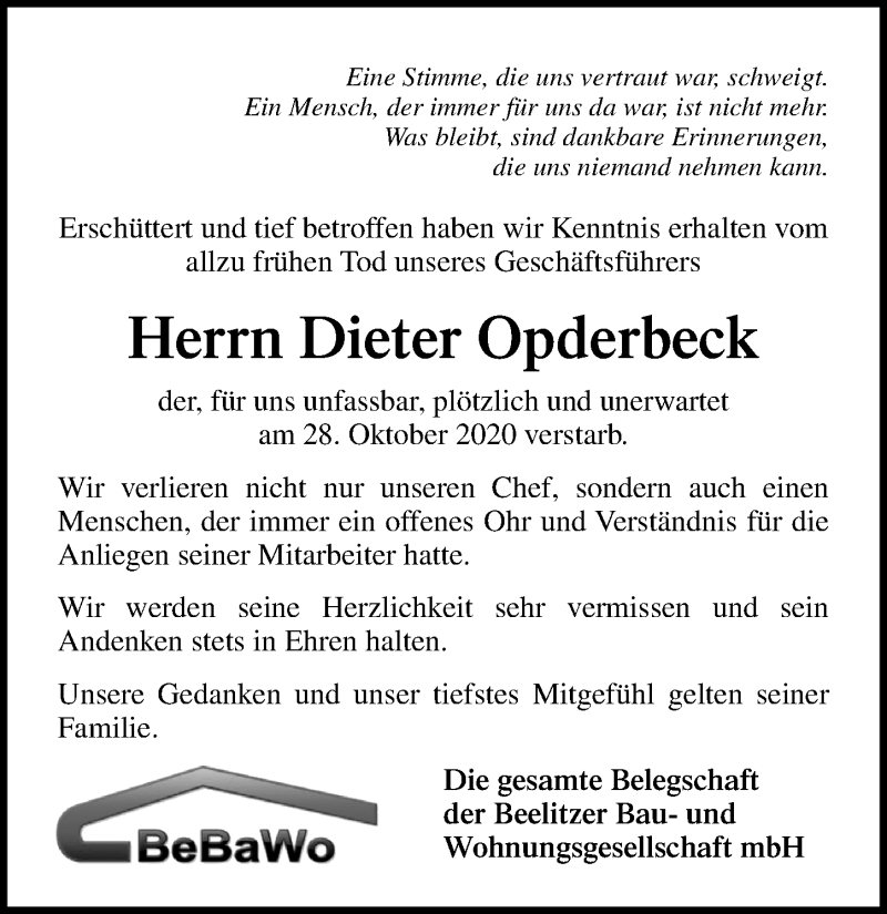  Traueranzeige für Dieter Opderbeck vom 07.11.2020 aus Märkischen Allgemeine Zeitung