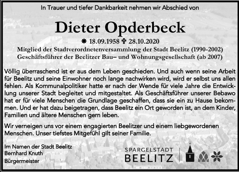  Traueranzeige für Dieter Opderbeck vom 07.11.2020 aus Märkischen Allgemeine Zeitung