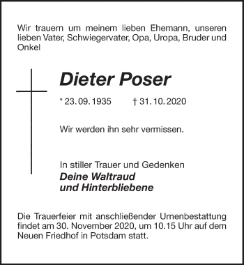 Traueranzeige von Dieter Poser von Märkischen Allgemeine Zeitung