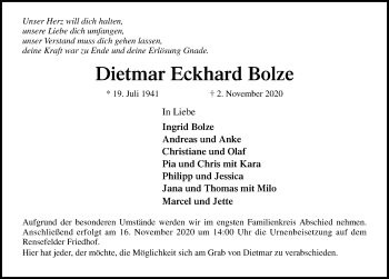 Traueranzeige von Dietmar Eckhard Bolze von Lübecker Nachrichten