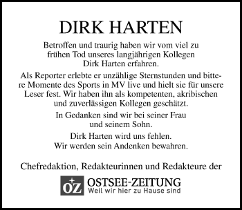 Traueranzeige von Dirk Harten von Ostsee-Zeitung GmbH