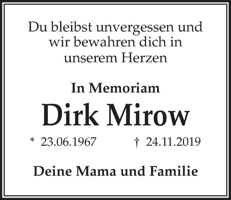  Traueranzeige für Dirk Mirow vom 24.11.2020 aus Kieler Nachrichten