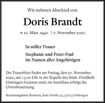 Traueranzeige von Doris Brandt von Göttinger Tageblatt