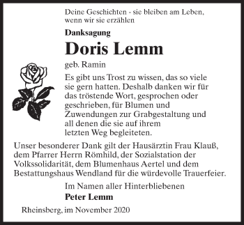 Traueranzeige von Doris Lemm von Märkischen Allgemeine Zeitung