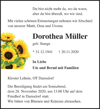 Traueranzeige von Dorothea Müller von Märkischen Allgemeine Zeitung