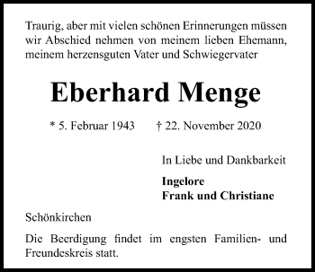 Traueranzeige von Eberhard Menge von Kieler Nachrichten