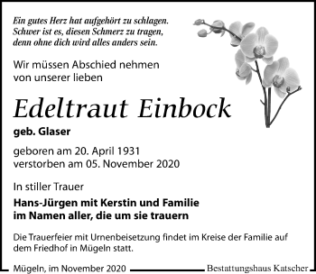 Traueranzeige von Edeltraut Einbock von Leipziger Volkszeitung