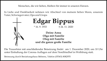 Traueranzeige von Edgar Bippus von Aller Zeitung
