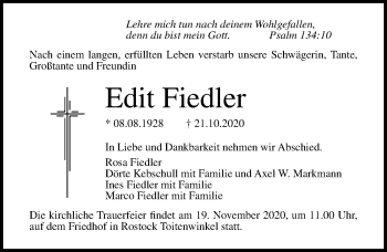 Traueranzeige von Edit Fiedler von Ostsee-Zeitung GmbH