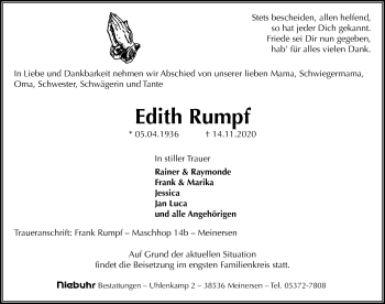 Traueranzeige von Edith Rumpf von Aller Zeitung