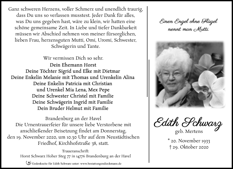  Traueranzeige für Edith Schwang vom 07.11.2020 aus Märkischen Allgemeine Zeitung