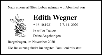 Traueranzeige von Edith Wegner von Ostsee-Zeitung GmbH