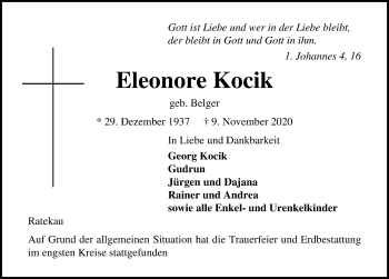 Traueranzeige von Eleonore Kocik von Lübecker Nachrichten