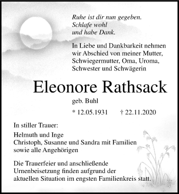 Traueranzeige von Eleonore Rathsack von Ostsee-Zeitung GmbH