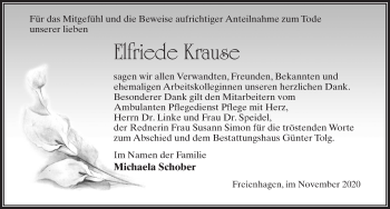 Traueranzeige von Elfriede Krause von Märkischen Allgemeine Zeitung