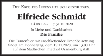 Traueranzeige von Elfriede Schmidt von Märkischen Allgemeine Zeitung