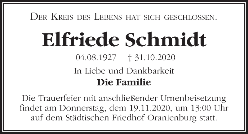  Traueranzeige für Elfriede Schmidt vom 14.11.2020 aus Märkischen Allgemeine Zeitung