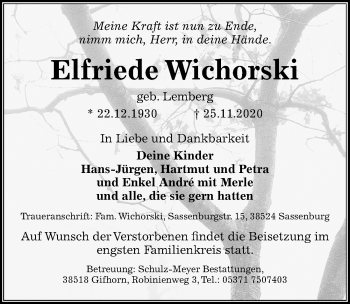 Traueranzeige von Elfriede Wichorski von Aller Zeitung