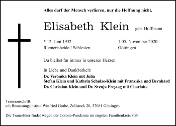 Traueranzeige von Elisabeth Klein von Göttinger Tageblatt