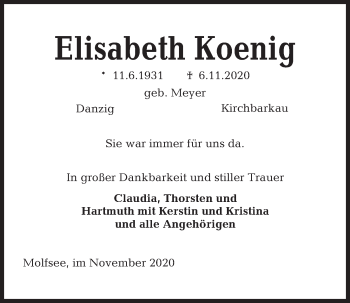 Traueranzeige von Elisabeth Koenig von Kieler Nachrichten