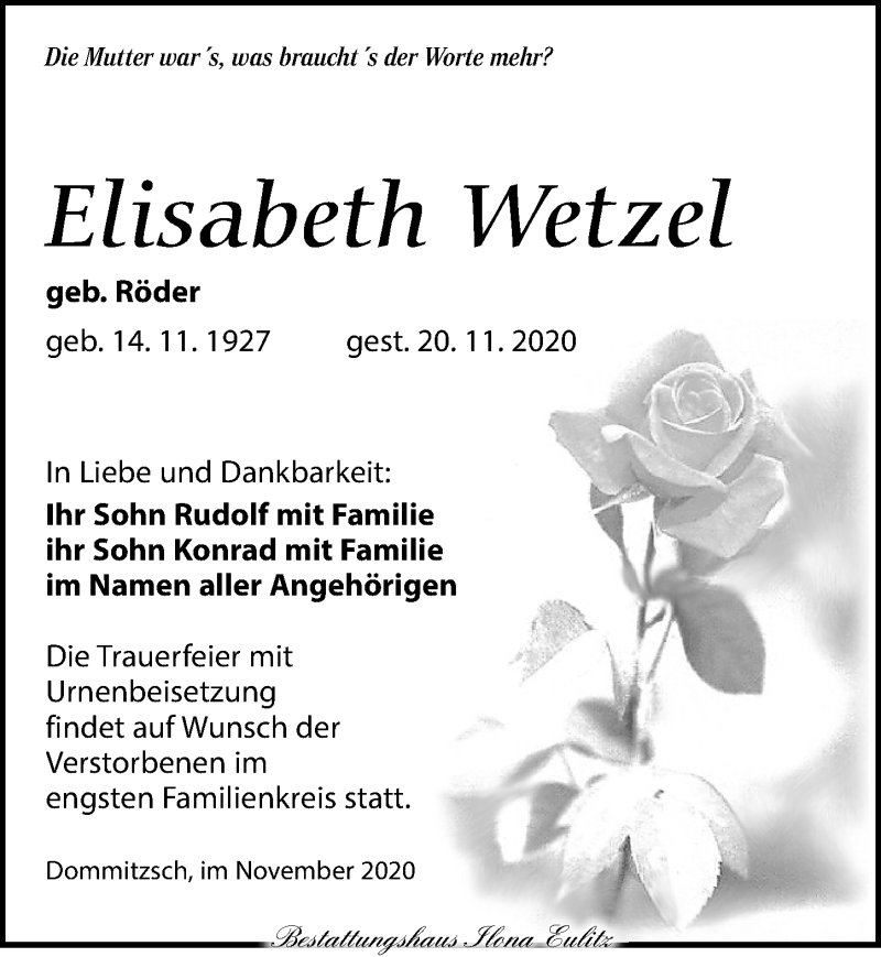  Traueranzeige für Elisabeth Wetzel vom 28.11.2020 aus Torgauer Zeitung