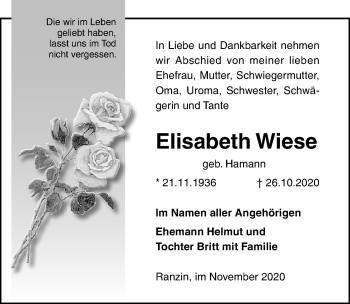 Traueranzeige von Elisabeth Wiese von Ostsee-Zeitung GmbH