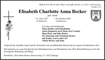Traueranzeige von Elisabeth Charlotte Anna Becker von Hannoversche Allgemeine Zeitung/Neue Presse