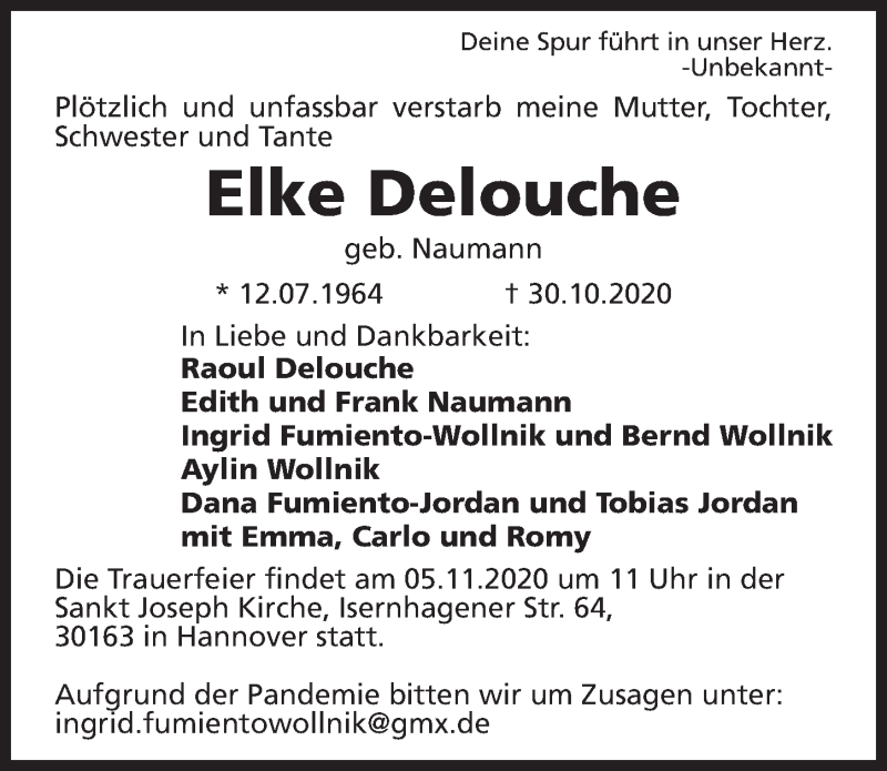  Traueranzeige für Elke Delouche vom 04.11.2020 aus Hannoversche Allgemeine Zeitung/Neue Presse