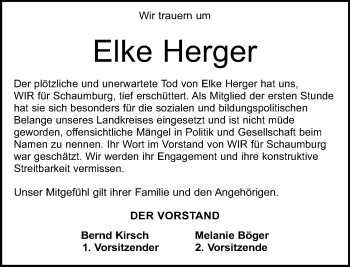 Traueranzeige von Elke Herger von Schaumburger Nachrichten