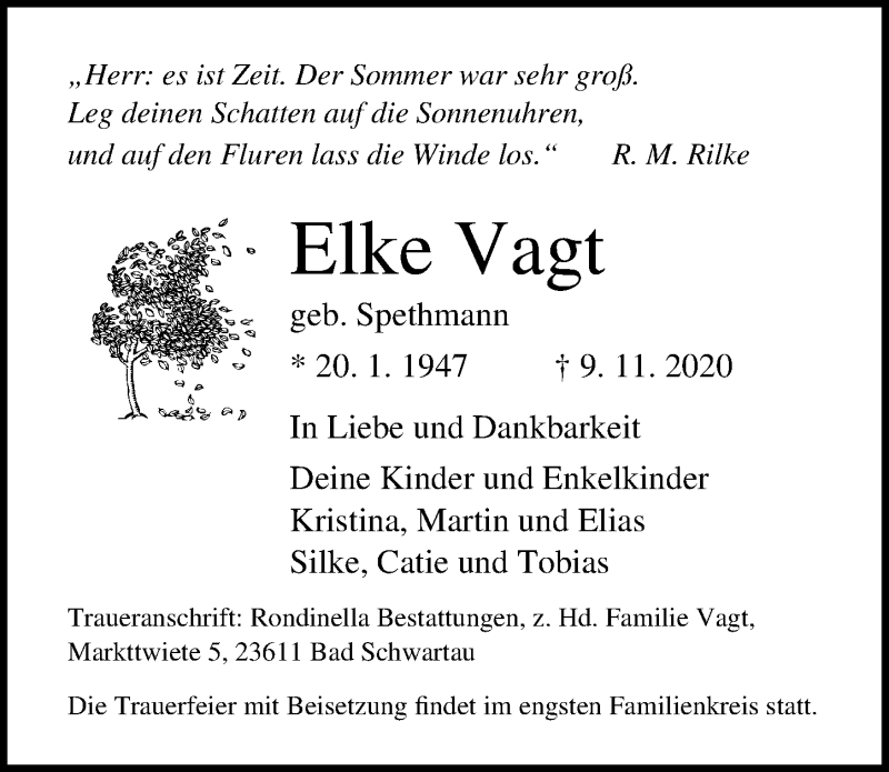  Traueranzeige für Elke Vagt vom 15.11.2020 aus Lübecker Nachrichten
